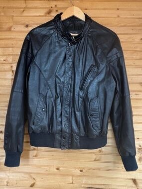 Leather Moto Jacket VTG 80s Black Reed Cafe Racer 46 R